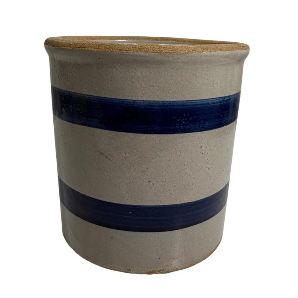 Stoneware Crock w/ Blue Stripes - Rustic Kitchen Utensil Holder Decorative Vase